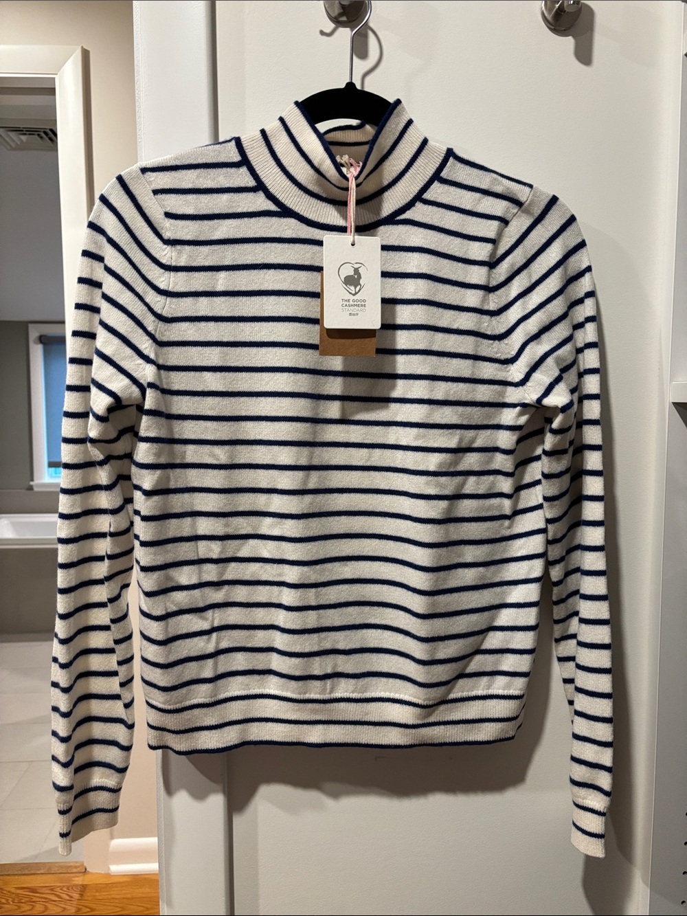 Boden Cream & Navy Striped Turtleneck Sweater